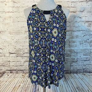 Chelsea & Theodore Womens Floral Blouse Top Halter Neck Stretch Blue Size Medium